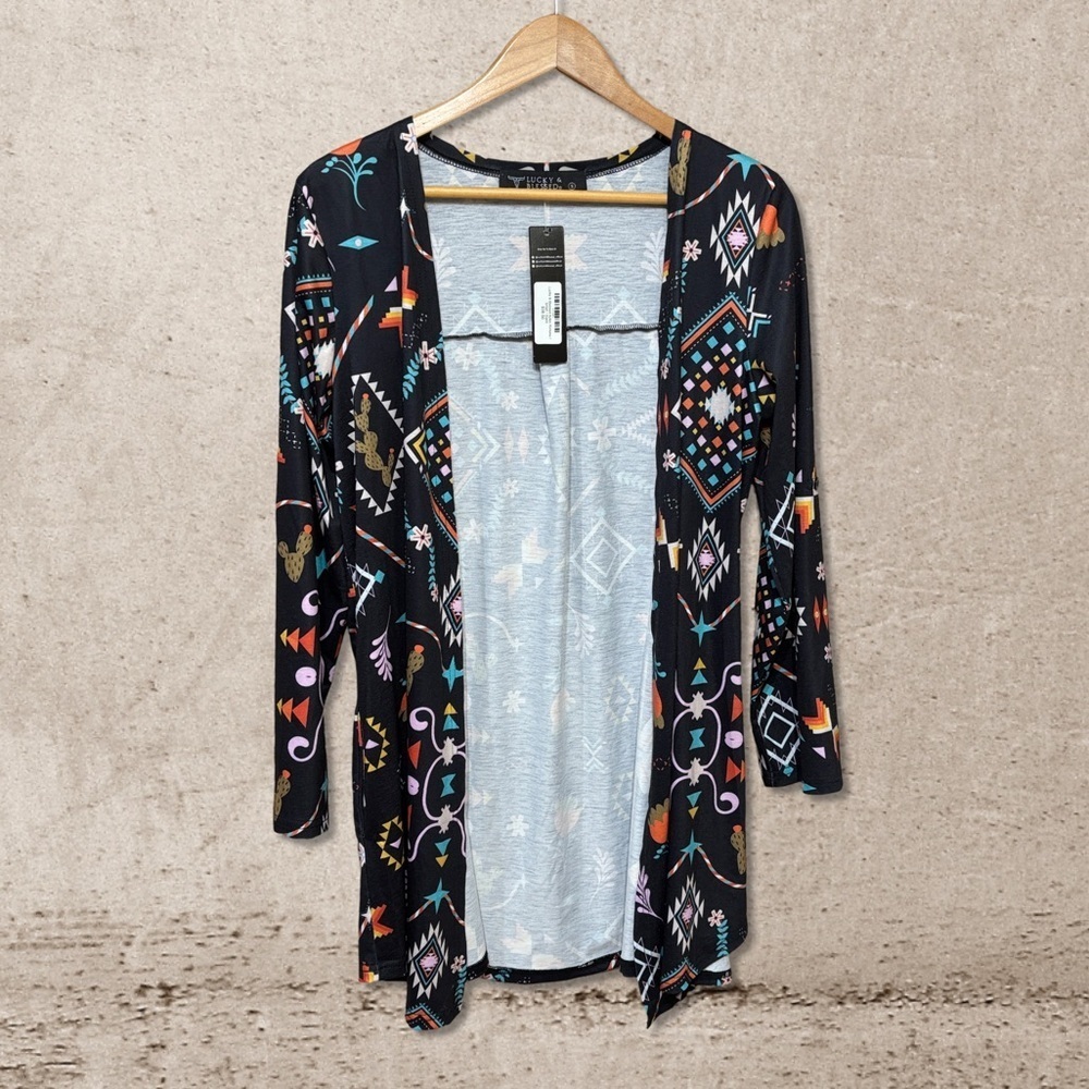 Lucky & Blessed Black Multicolor Patterned Cardigan NWT